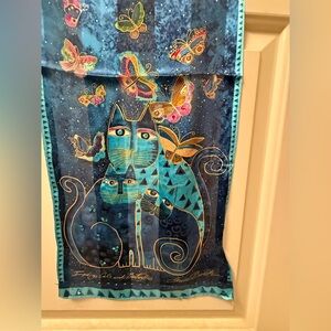 Laurel Burch 100% Silk Three Blue Cats Scarf with Beading